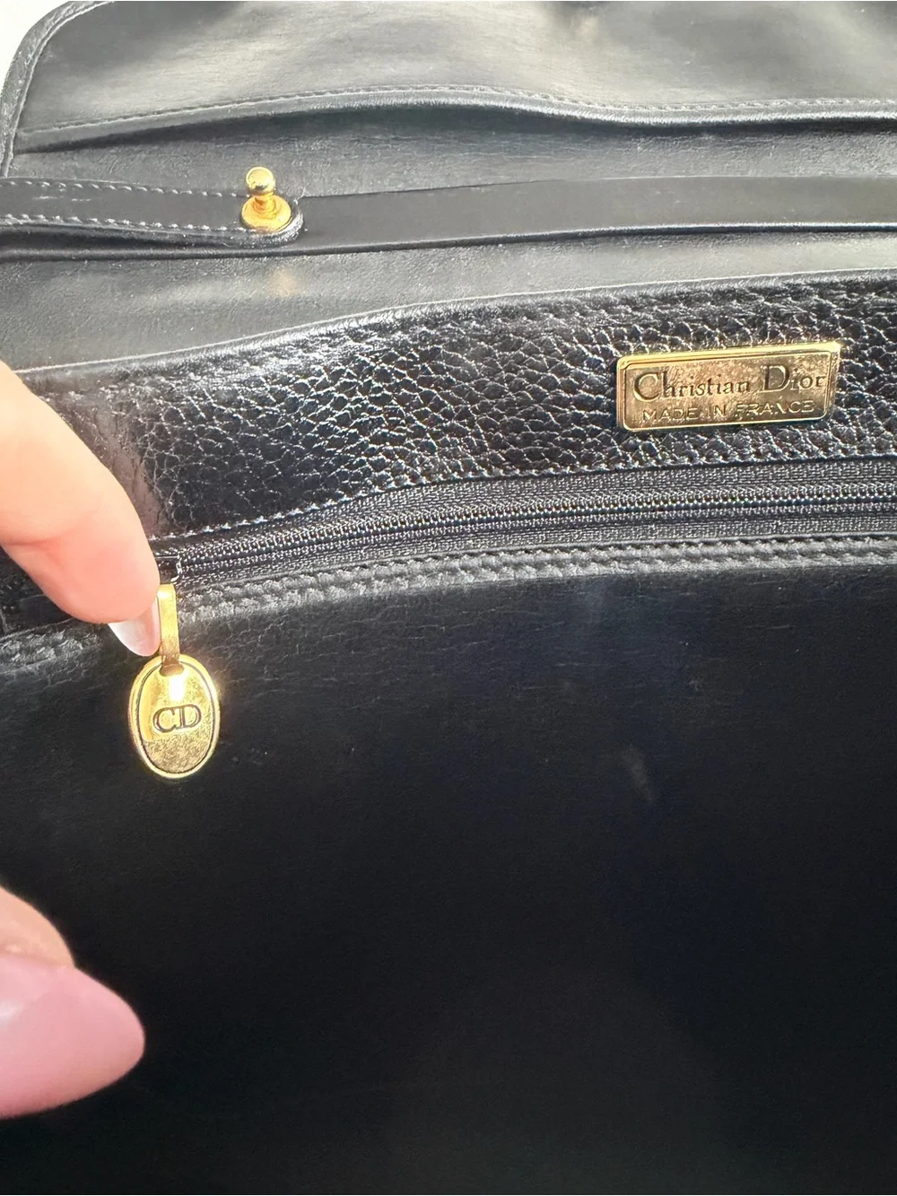 Vintage Dior Black Pebbled Leather Top-Handle Satchel with Gold Ring